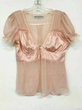 Costa Blanca Y2K Blush Pink Satin Lace Puff Sleeve Corset Top XL Coquette Sheer